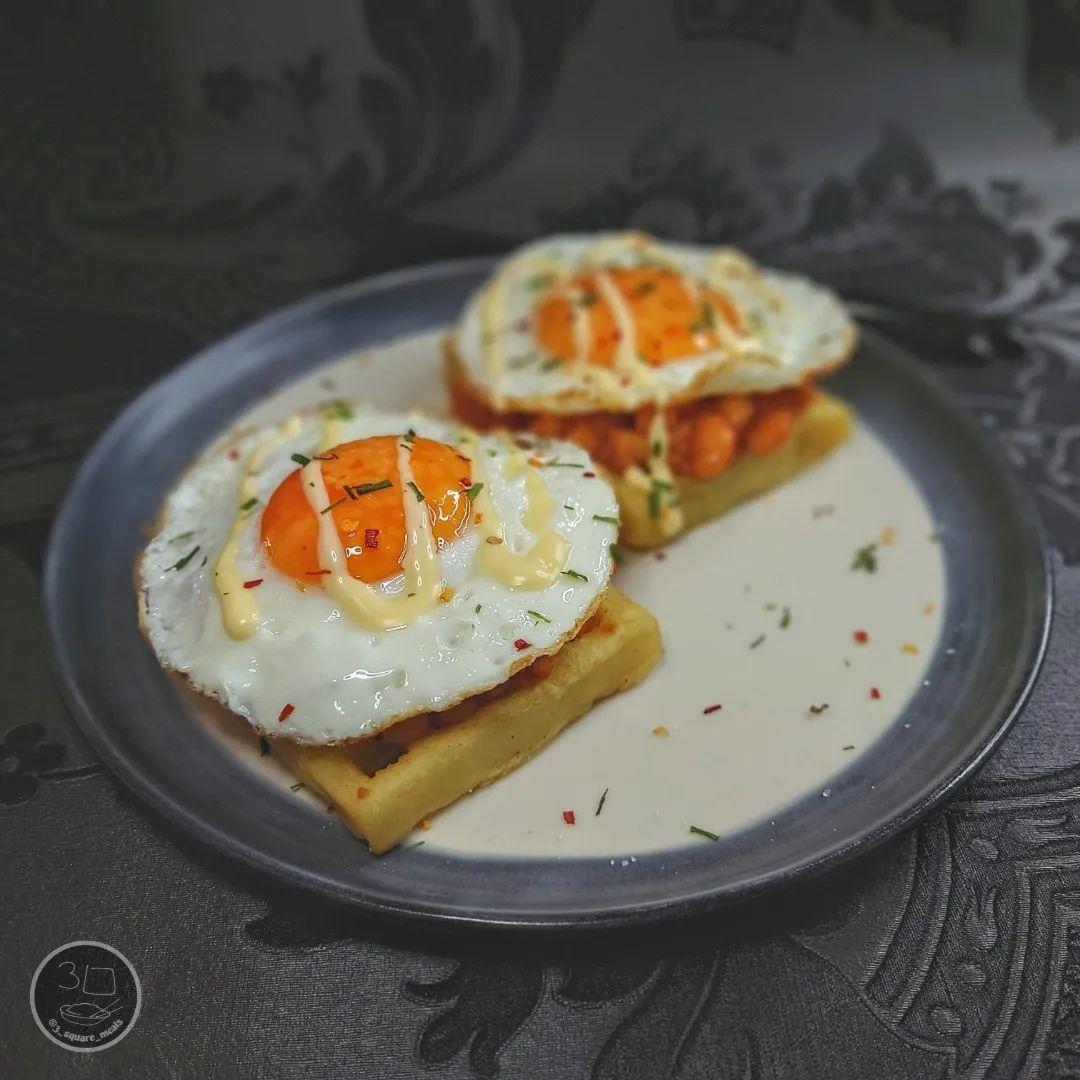 Waffles, Eggs, and Beans Breakfast