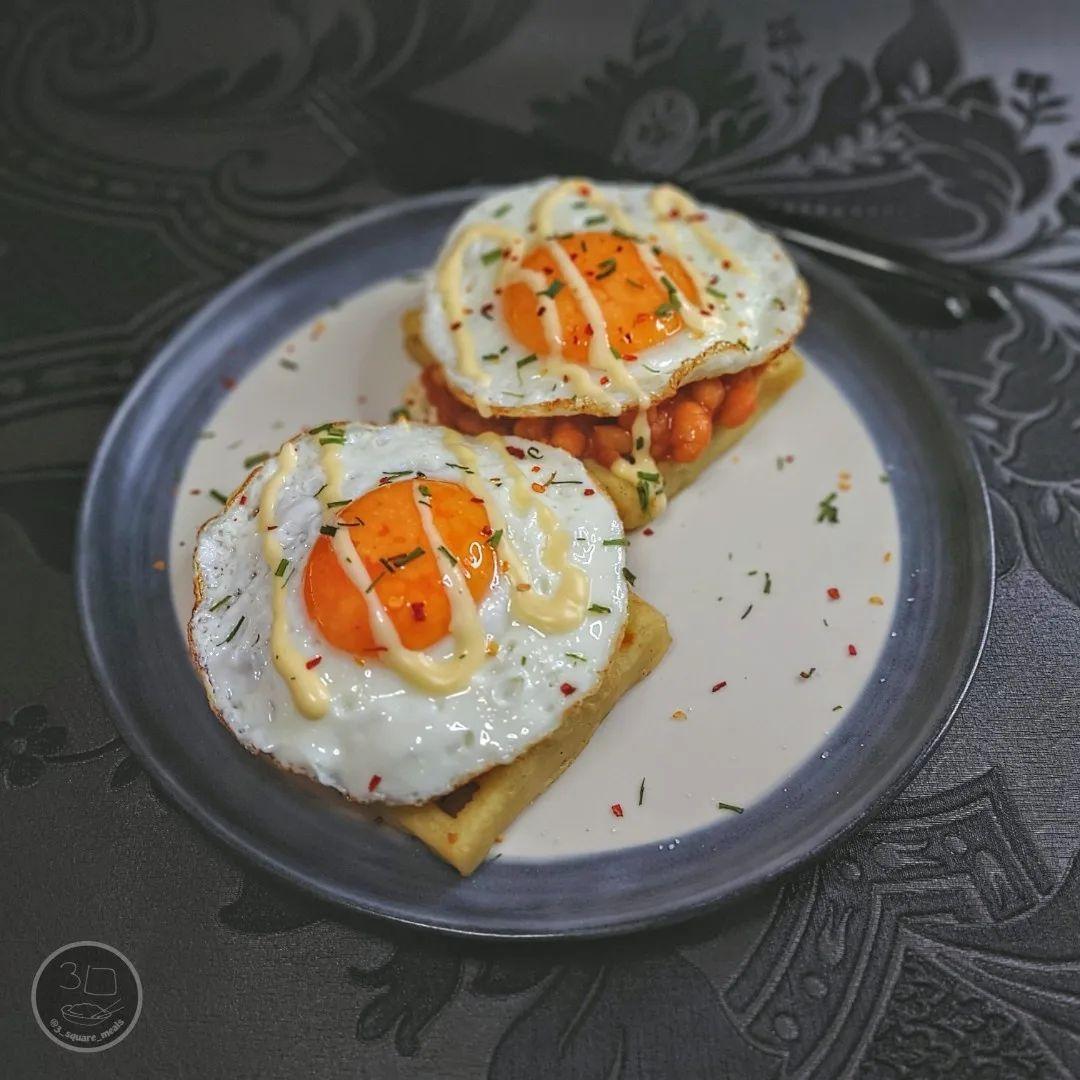 Waffles, Eggs, and Beans Breakfast