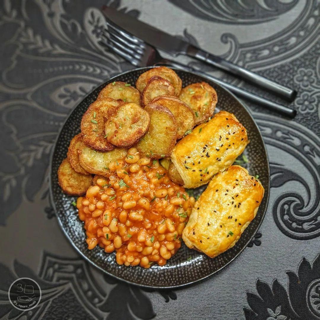 Simple Sausage Rolls with Chips and Beans