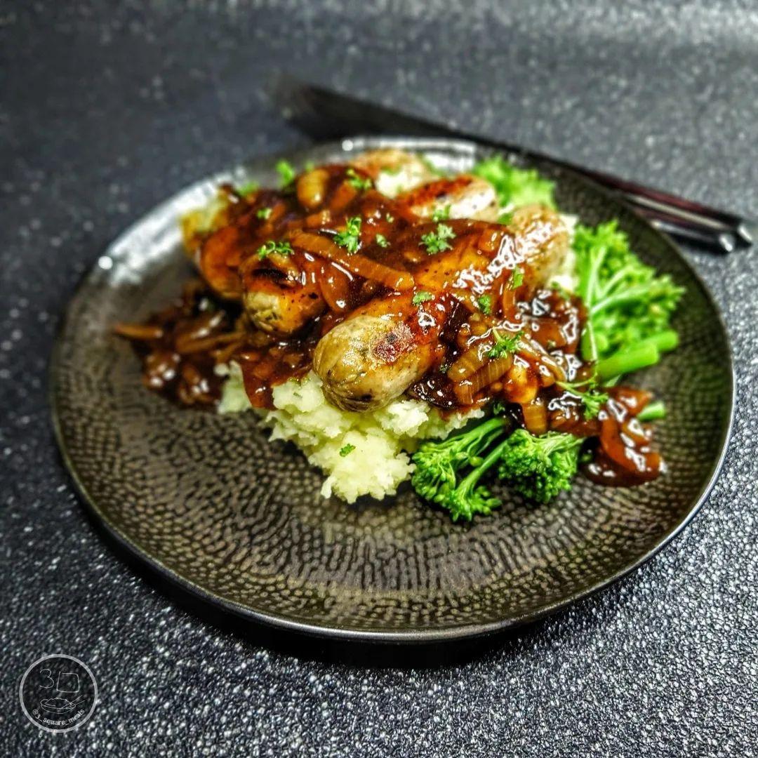 Vegetarian Sausage and Mash with Onion Gravy