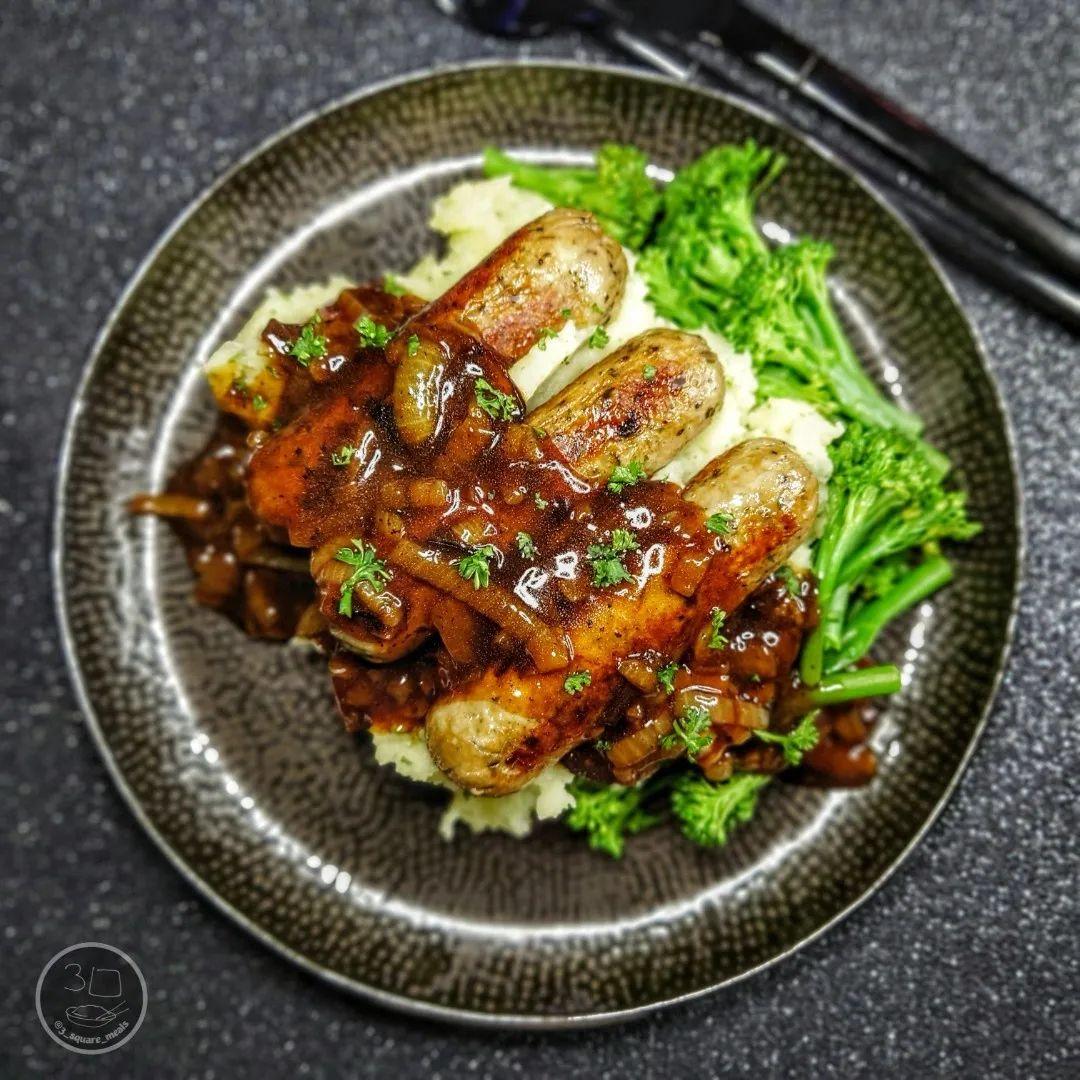 Vegetarian Sausage and Mash with Onion Gravy
