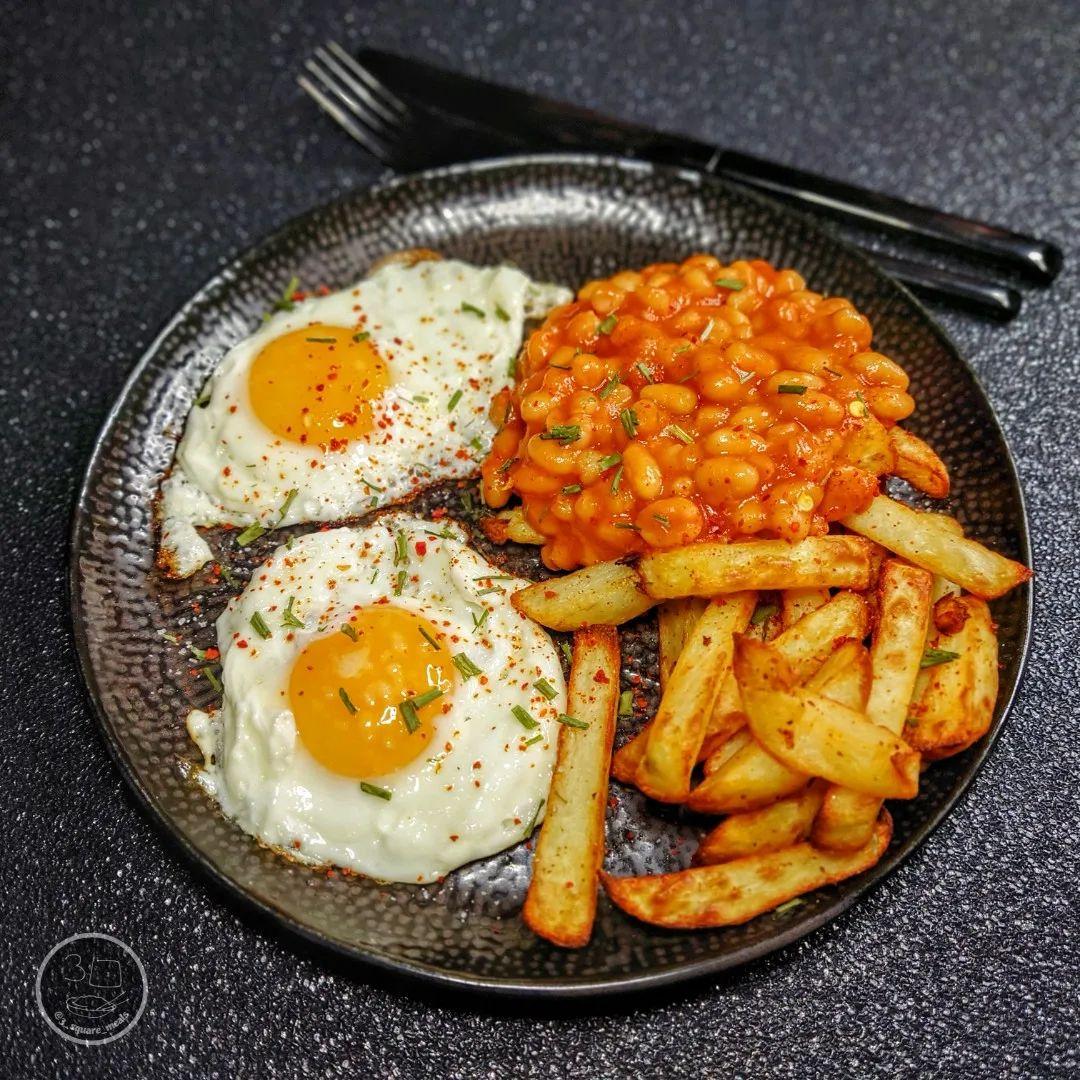 Fried Eggs with Chips and Beans