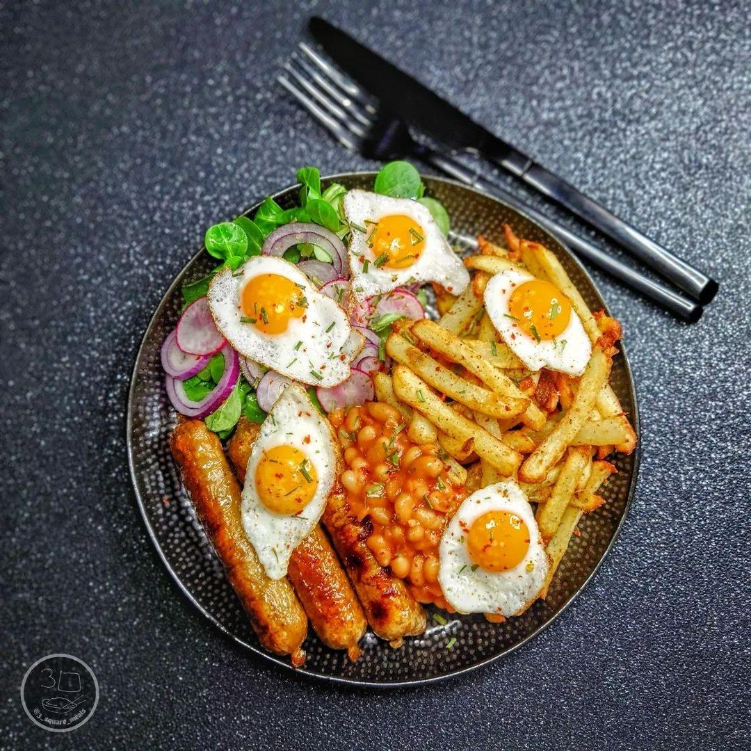Meatless Sausage, Quail Egg, and Air-Fried Chips