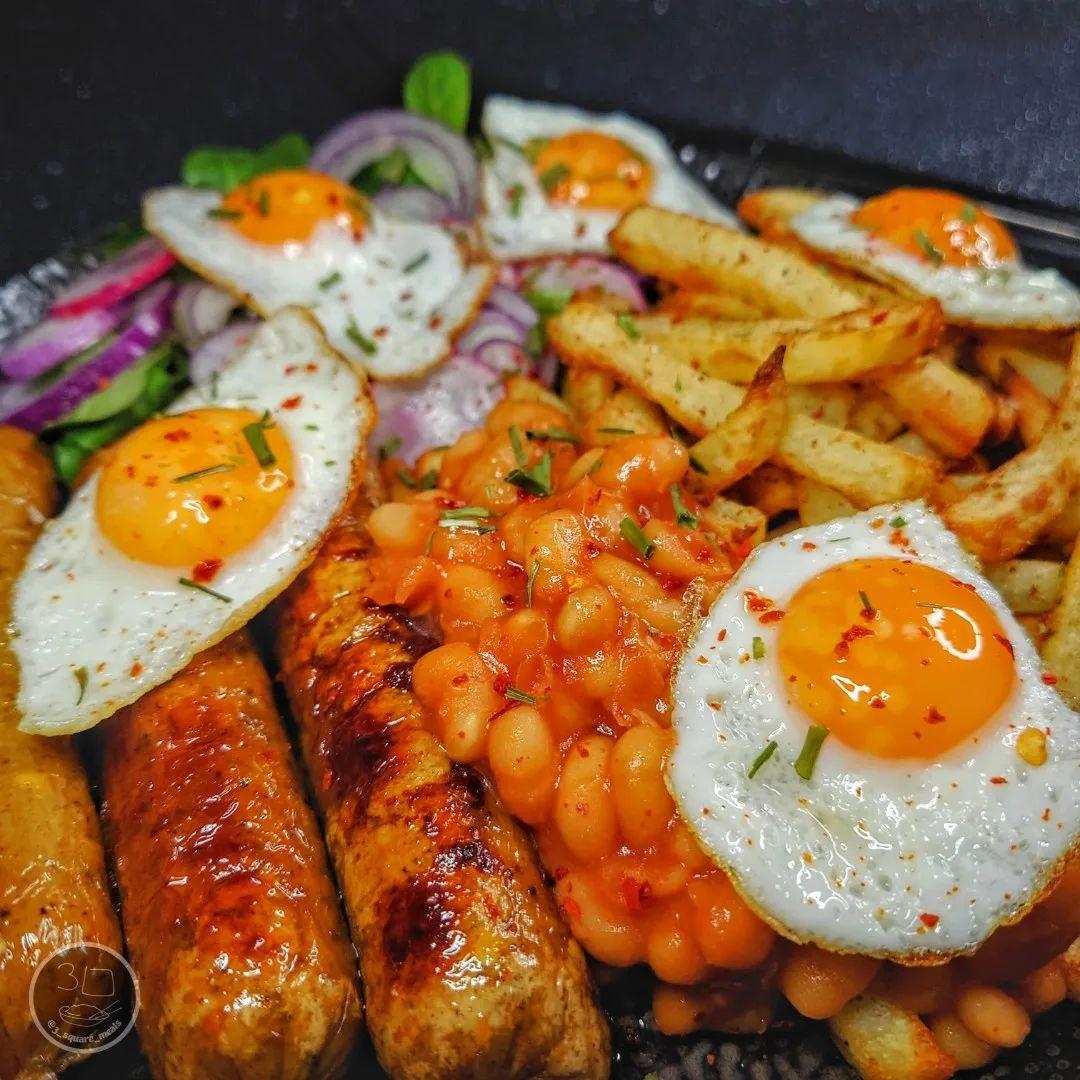 Meatless Sausage, Quail Egg, and Air-Fried Chips