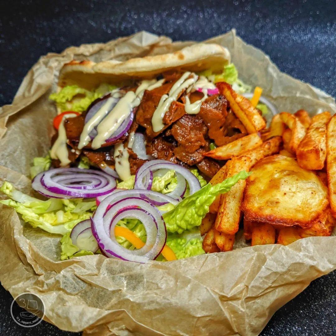 Döner Kebab with Chips and Salad