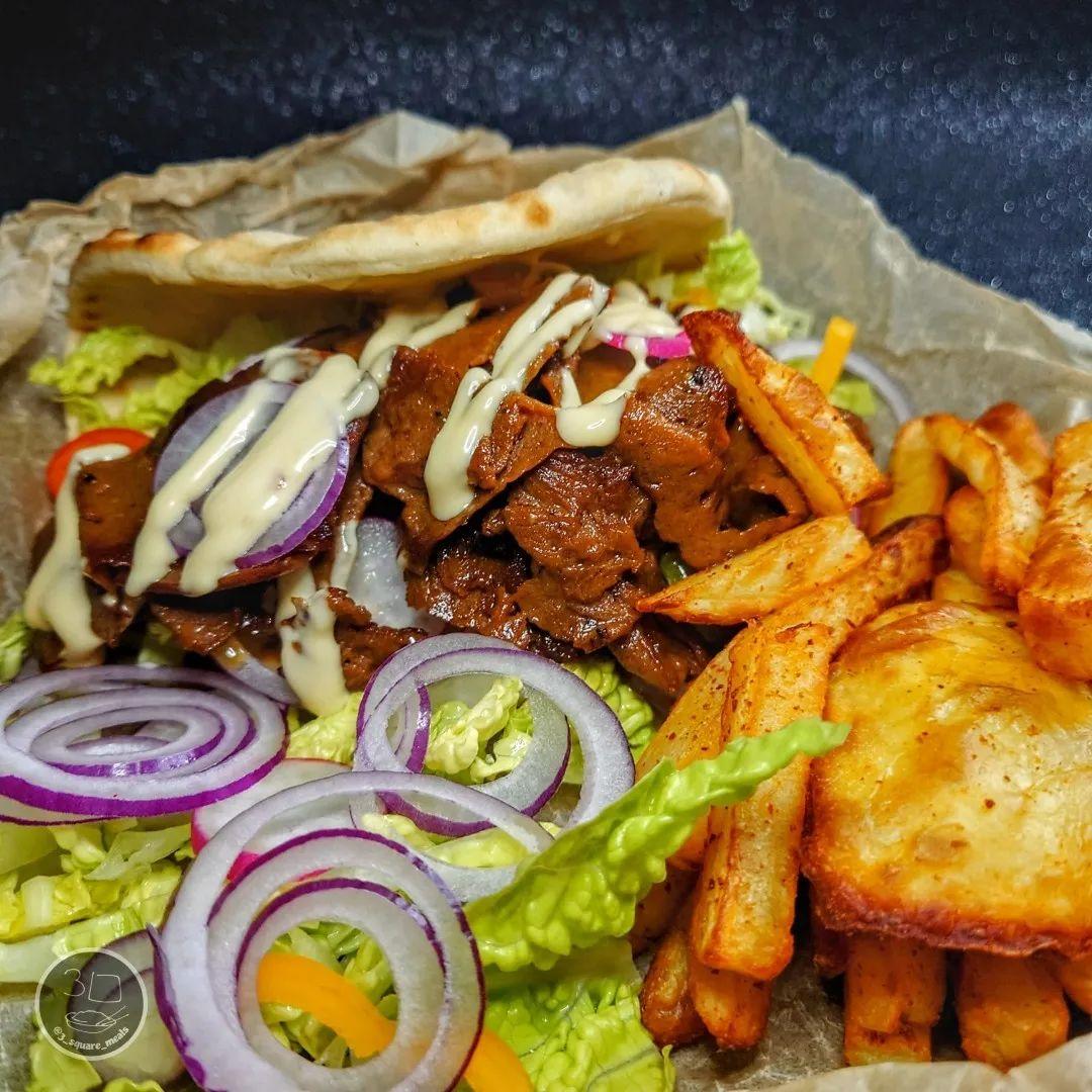 Döner Kebab with Chips and Salad