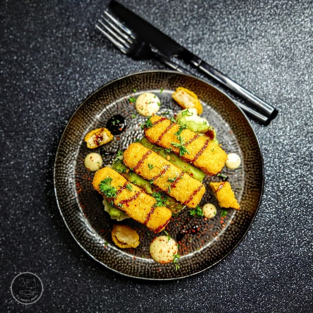 Plant-Based Fishless Fingers with Mash and Peas on Toast