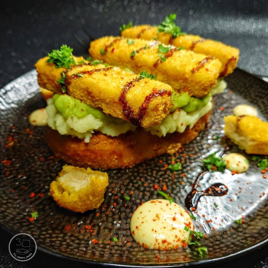 Plant-Based Fishless Fingers with Mash and Peas on Toast