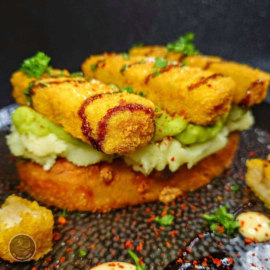 Plant-Based Fishless Fingers with Mash and Peas on Toast