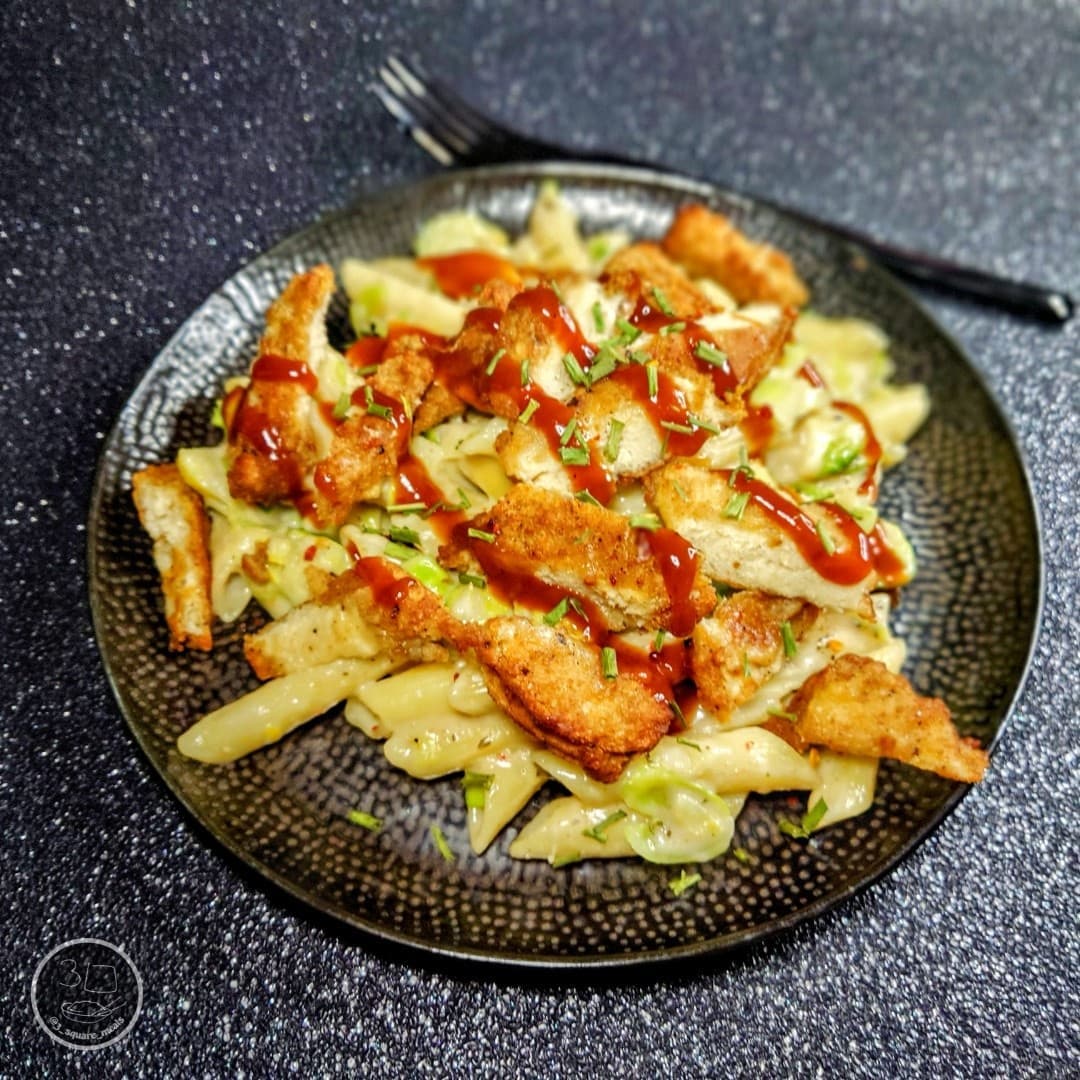 Loaded Pasta with Fried Chicken and Cheese