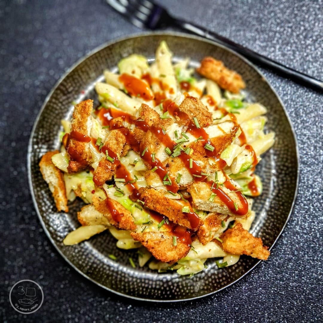 Loaded Pasta with Fried Chicken and Cheese