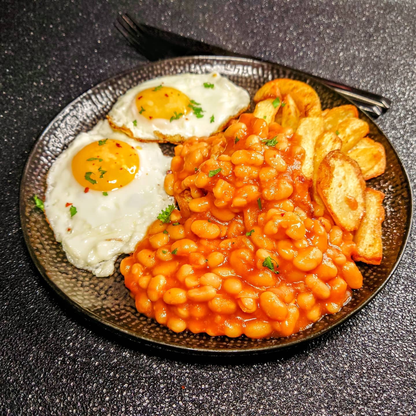 Egg and Chips with Beans