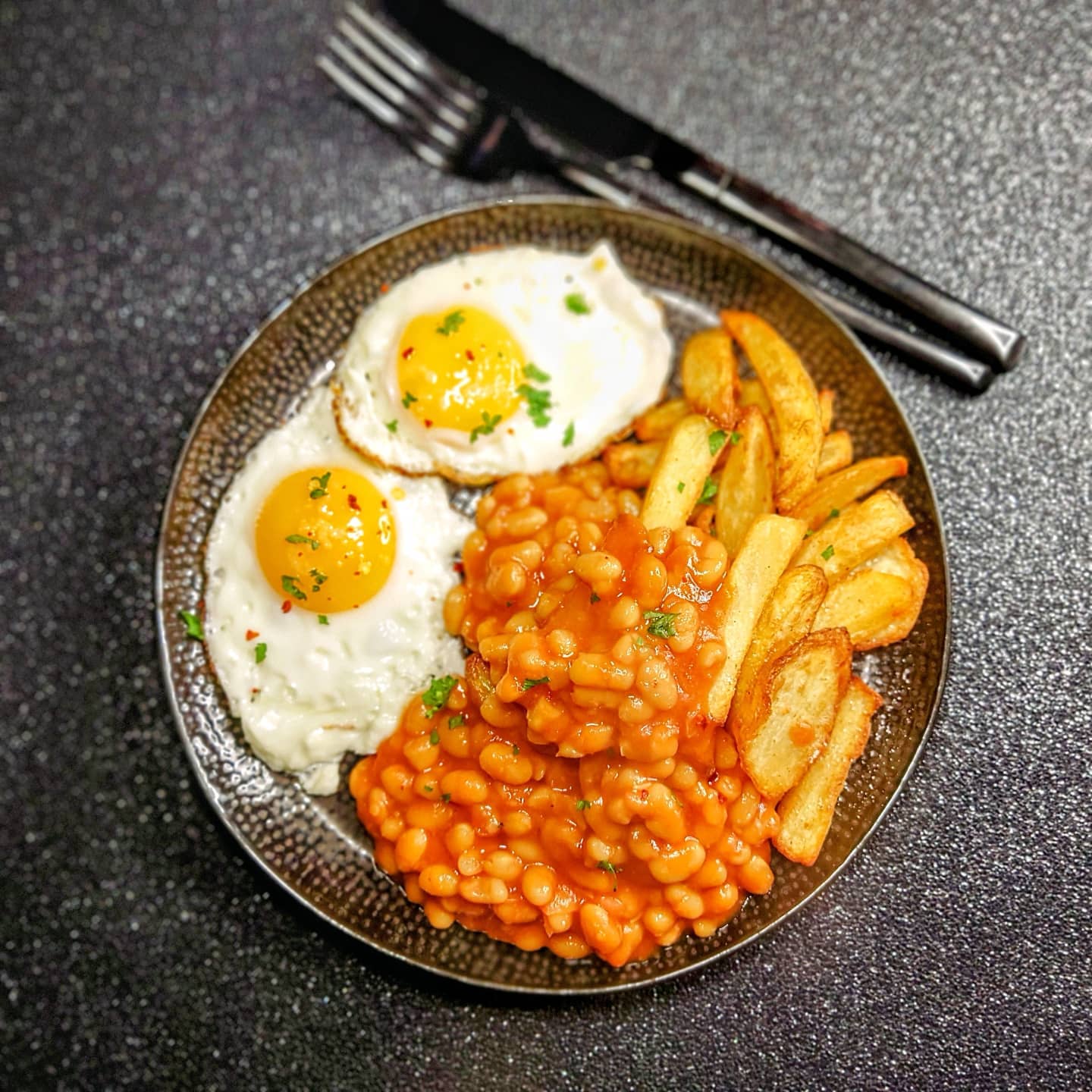 Egg and Chips with Beans