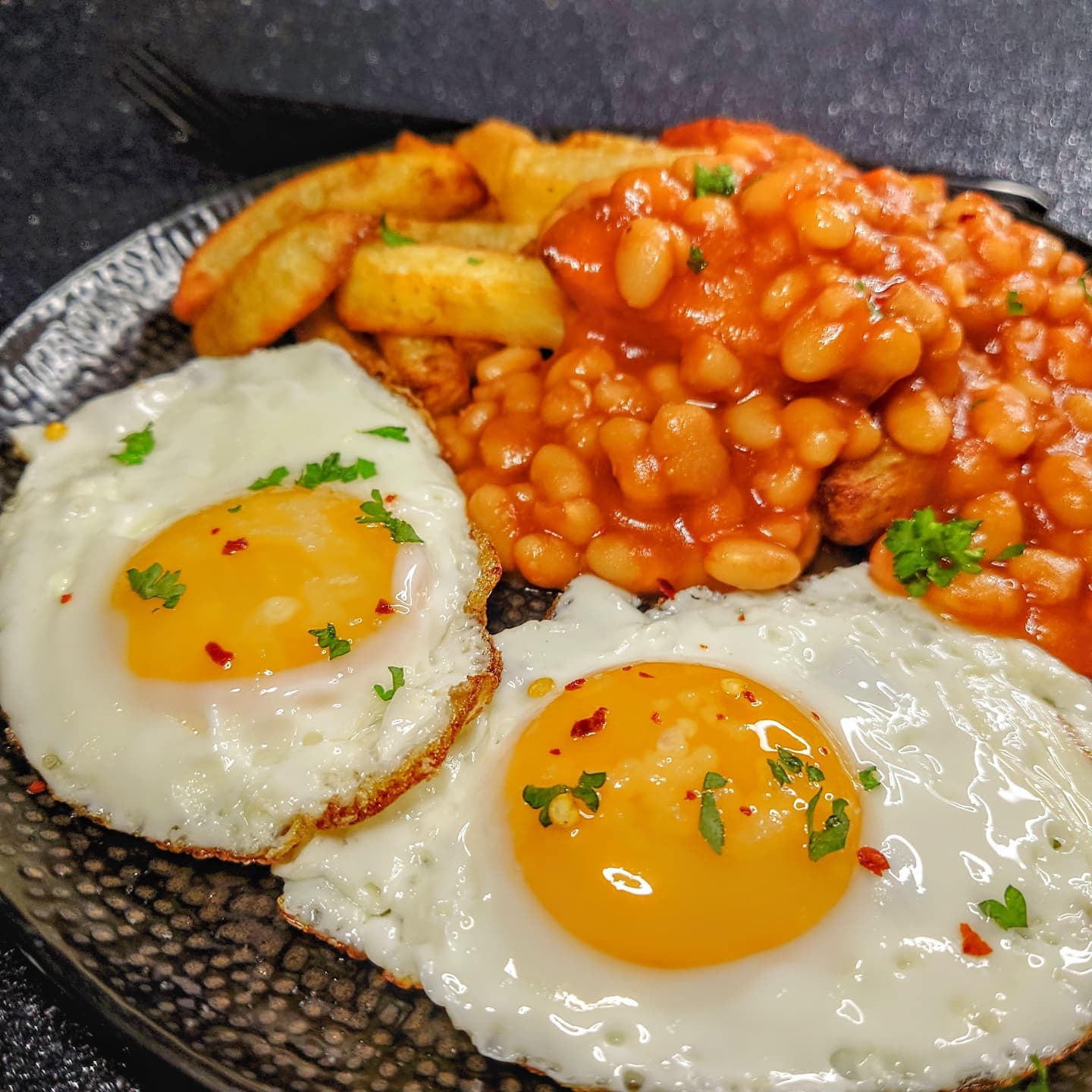 Egg and Chips with Beans