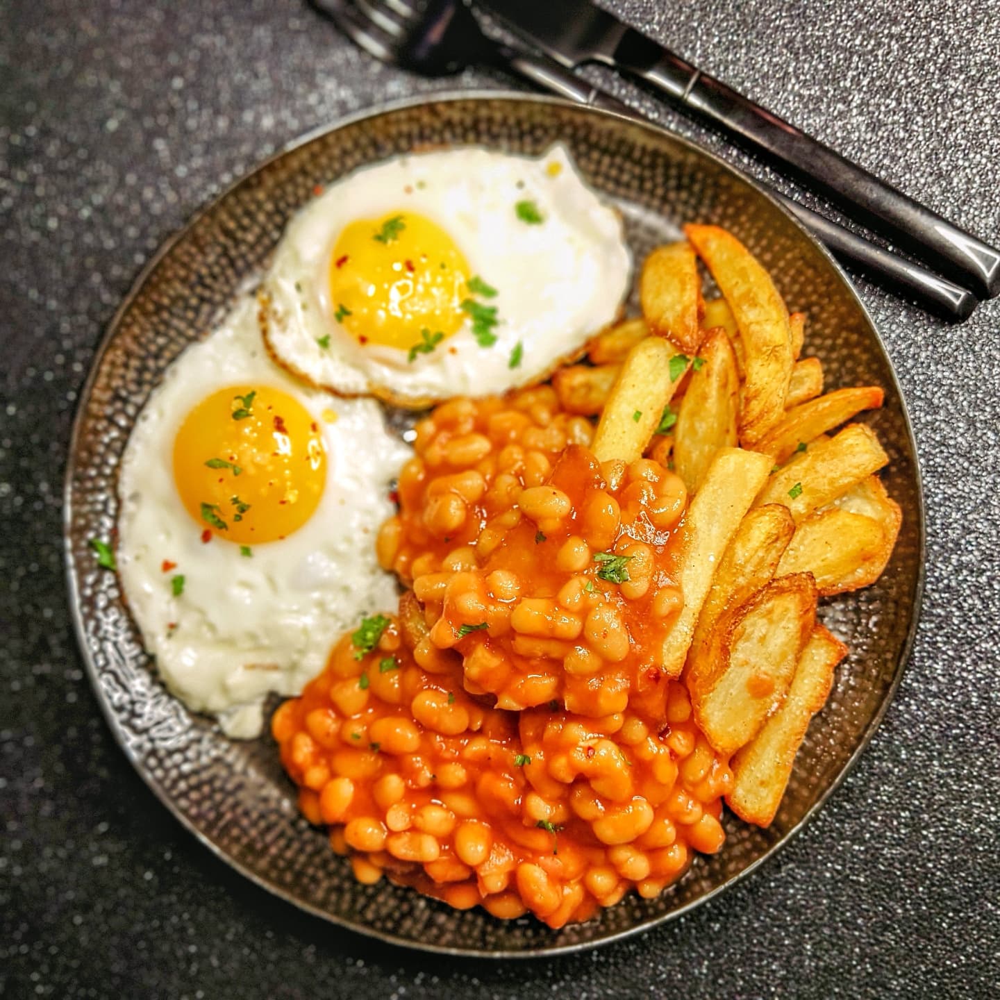 Egg and Chips with Beans