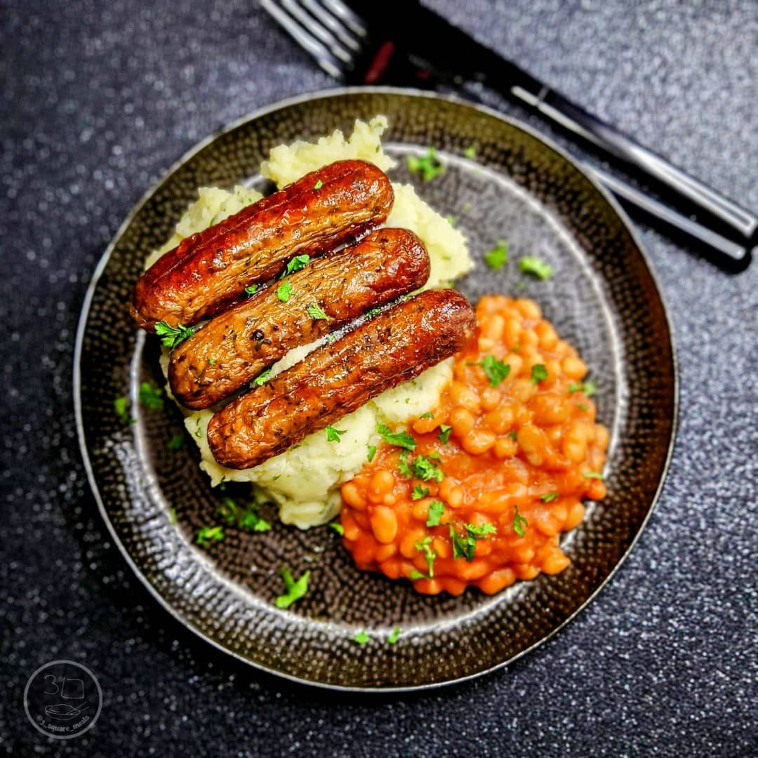 Vegetarian Sausage Mash and Beans