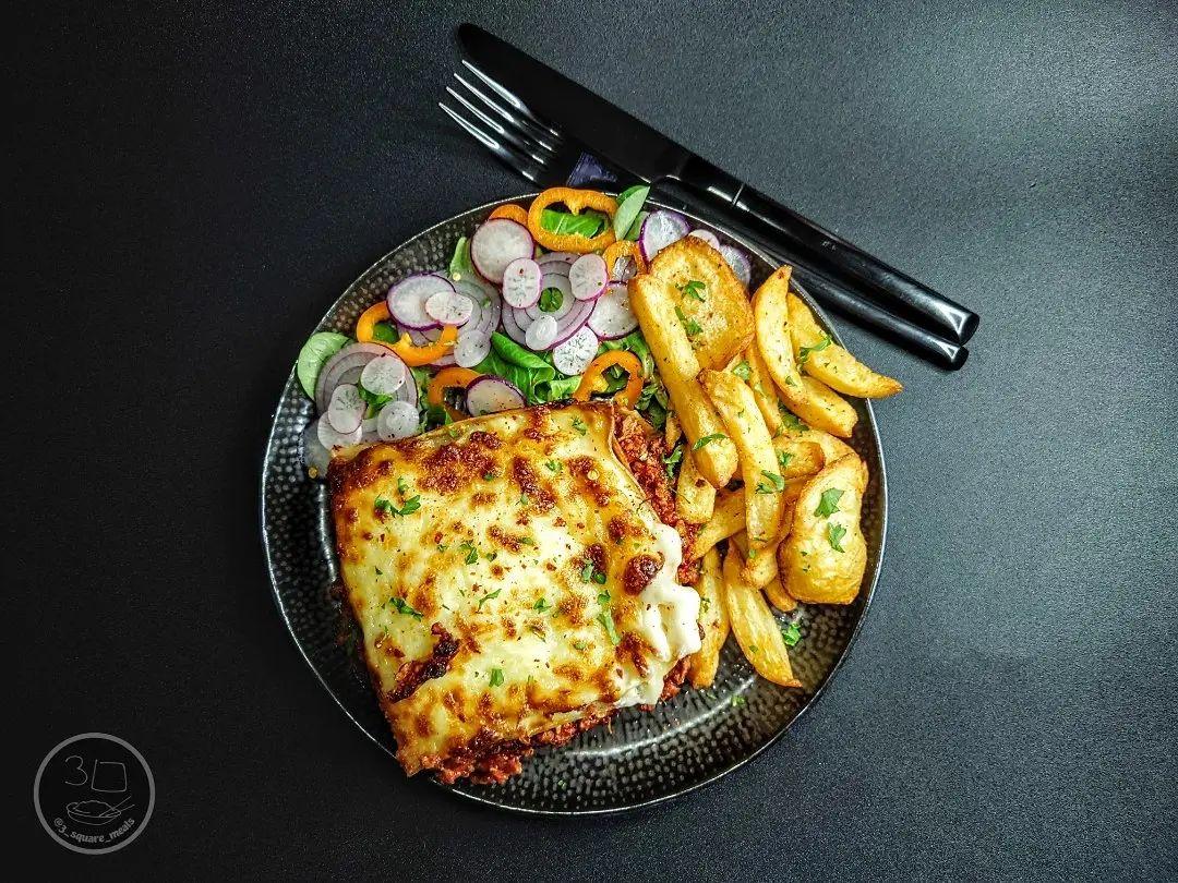 Vegetarian Lasagne with Chips and Salad