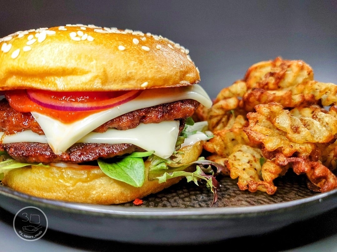 Vegetarian Double Cheeseburger with Waffle Chips