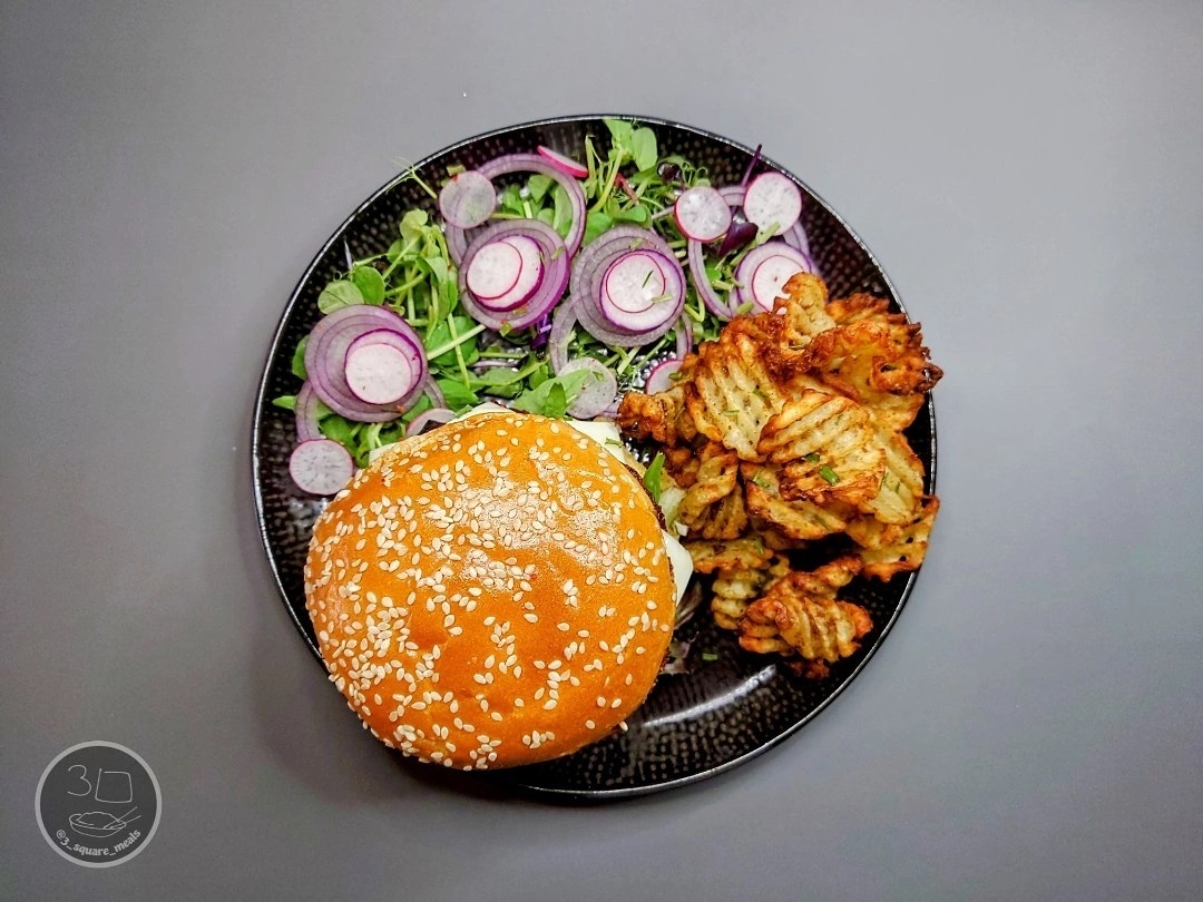 Vegetarian Double Cheeseburger with Waffle Chips