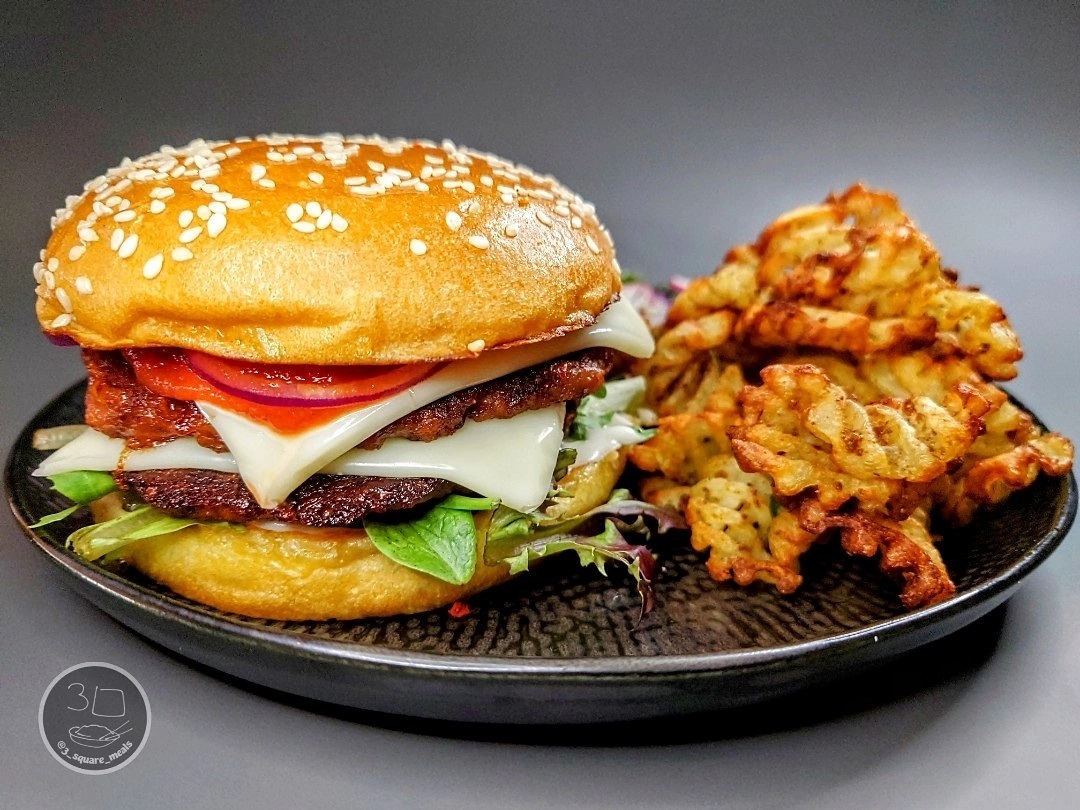 Vegetarian Double Cheeseburger with Waffle Chips