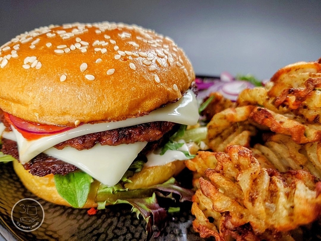 Vegetarian Double Cheeseburger with Waffle Chips
