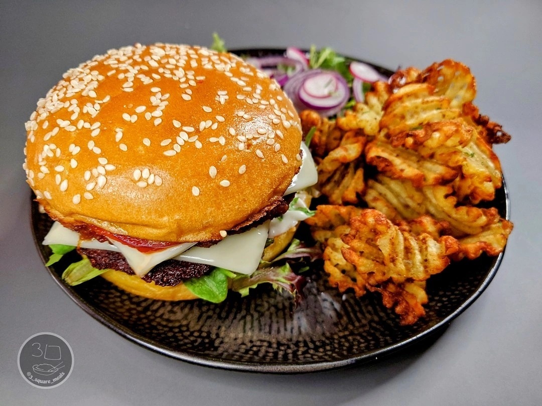 Vegetarian Double Cheeseburger with Waffle Chips