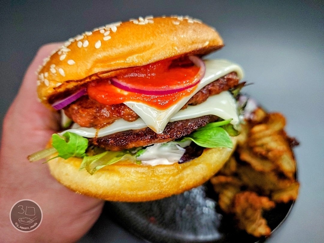 Vegetarian Double Cheeseburger with Waffle Chips