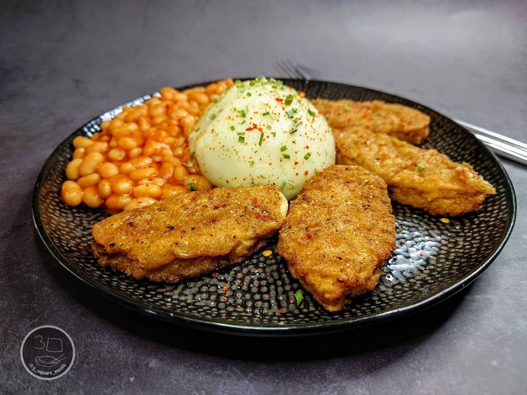 Lazy Plant-Based Fried Tenders with Mash and Beans