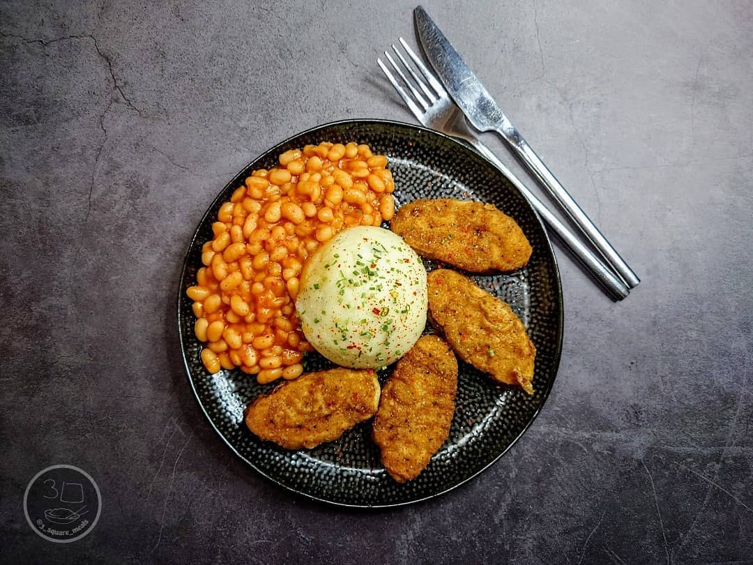 Lazy Plant-Based Fried Tenders with Mash and Beans