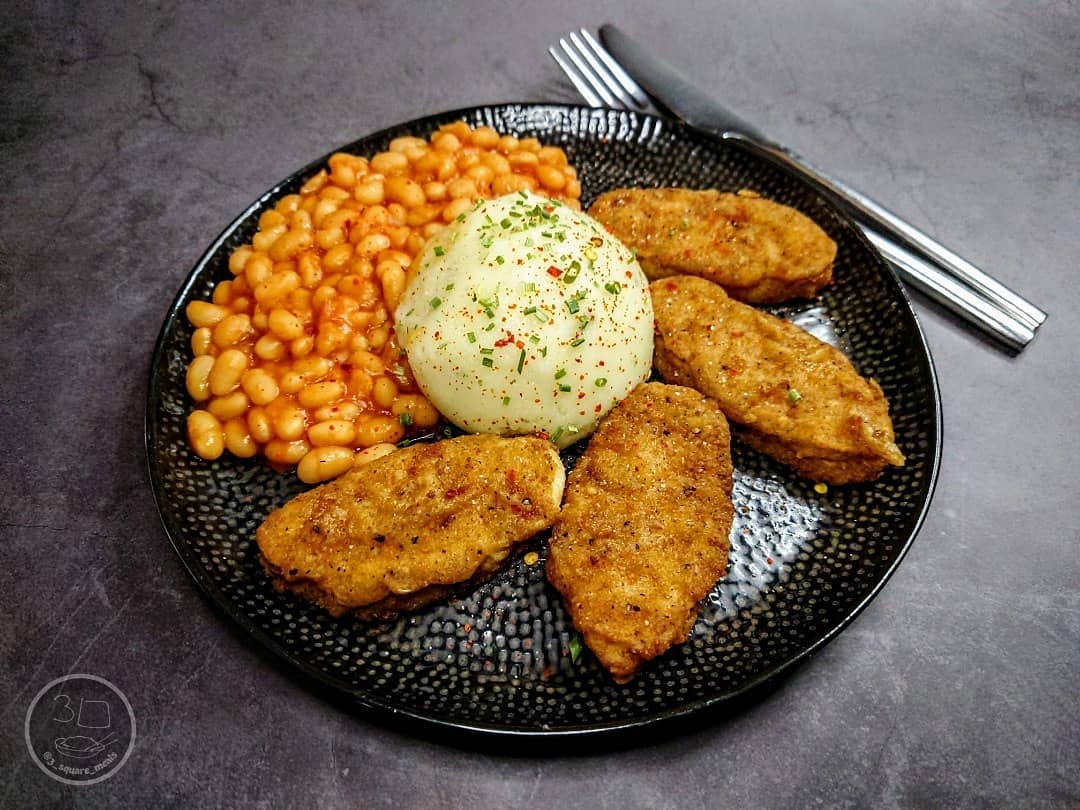 Lazy Plant-Based Fried Tenders with Mash and Beans
