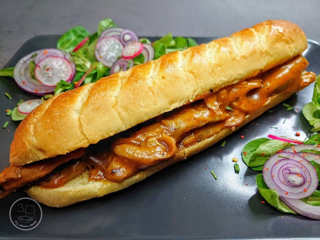 Brioche Baguette with Chick'n and Gravy