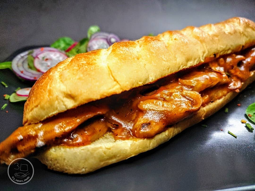 Brioche Baguette with Chick'n and Gravy