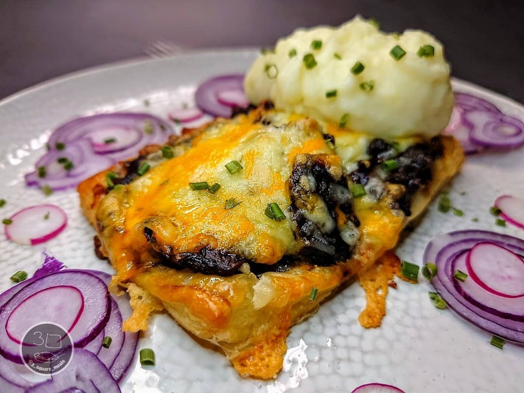 Vegetarian Steak Cheese Puff Pastry Bake