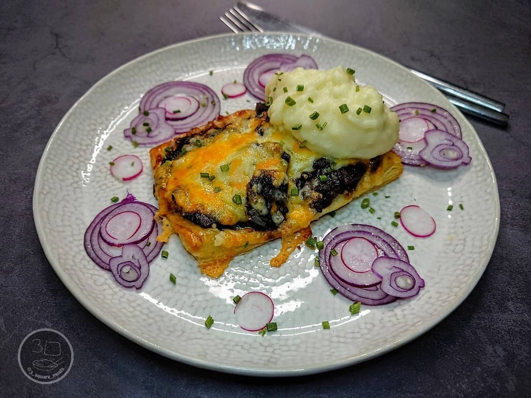 Vegetarian Steak Cheese Puff Pastry Bake