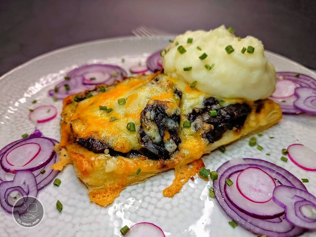 Vegetarian Steak Cheese Puff Pastry Bake