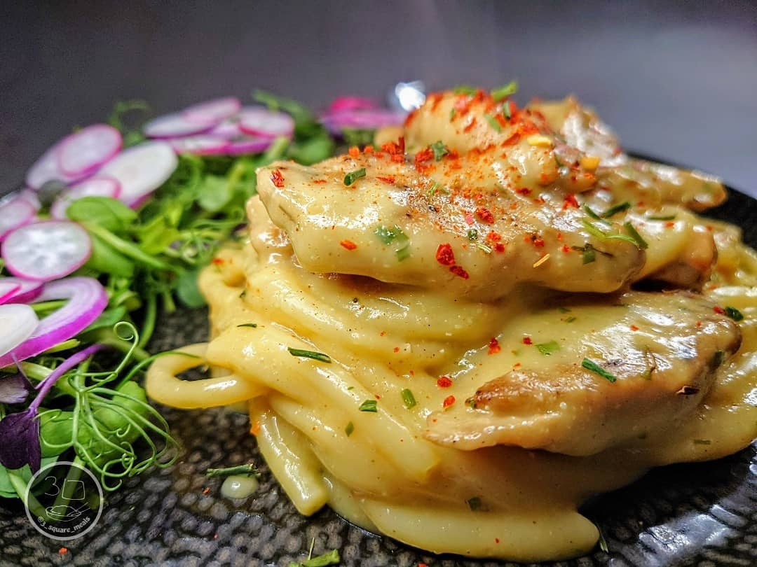 Creamy Vegetarian Bucatini with Salad