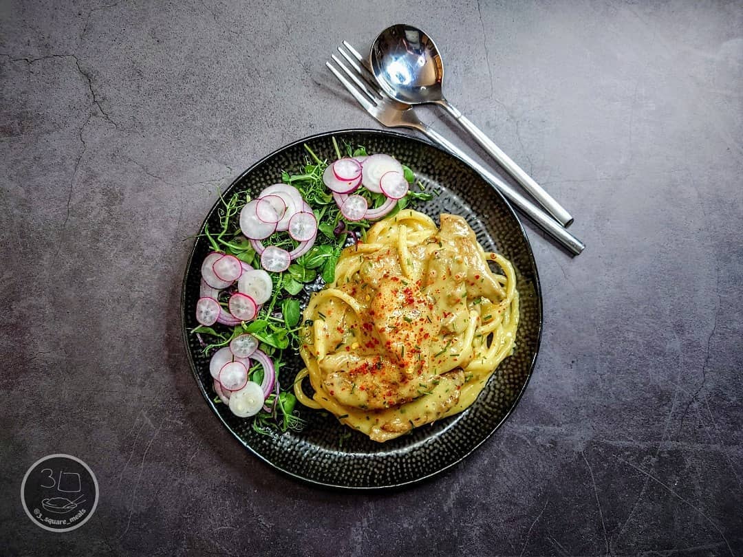 Creamy Vegetarian Bucatini with Salad
