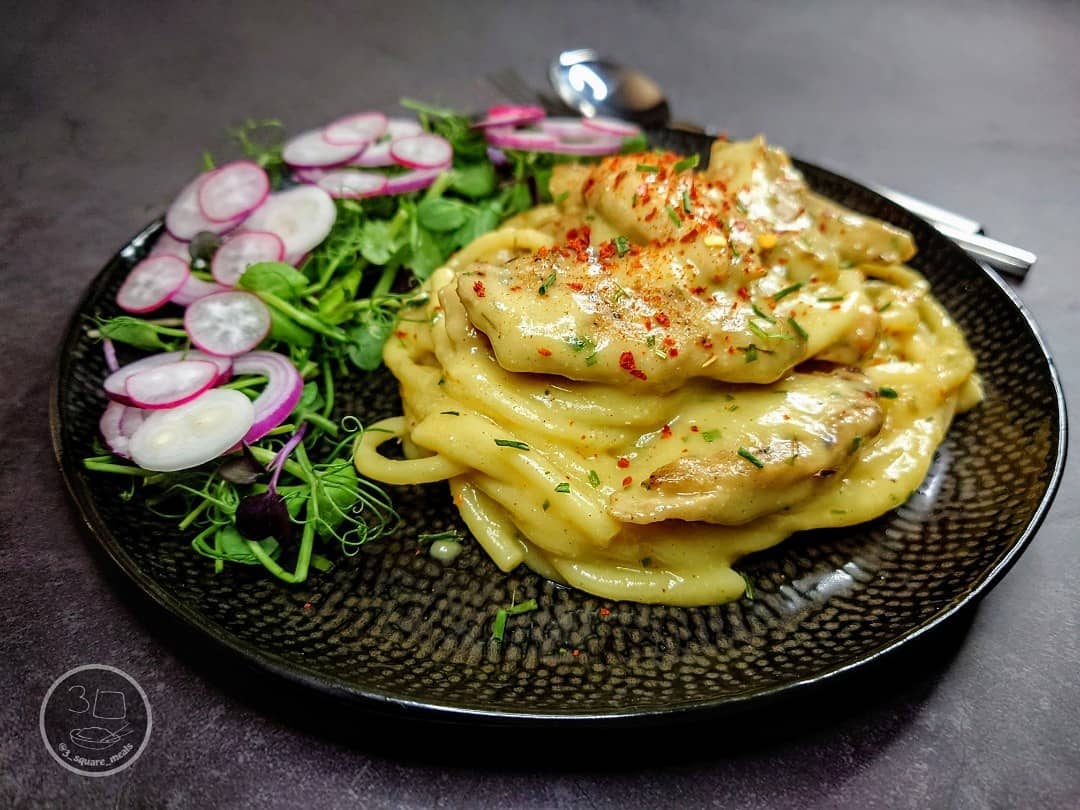 Creamy Vegetarian Bucatini with Salad