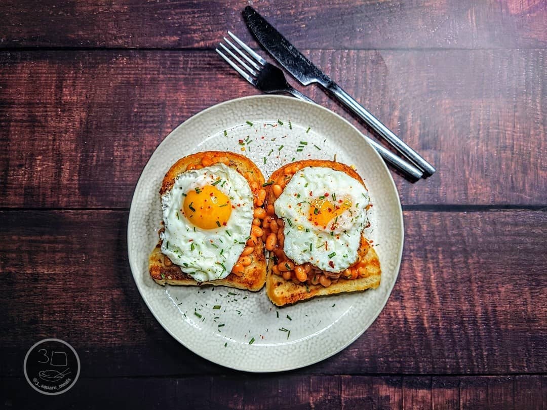 Eggs and Beans on Fried Tiger Bread