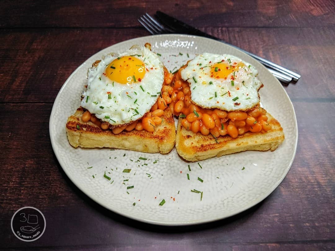 Eggs and Beans on Fried Tiger Bread