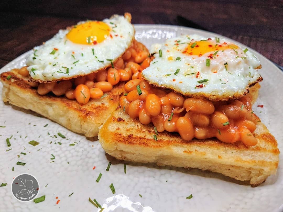 Eggs and Beans on Fried Tiger Bread