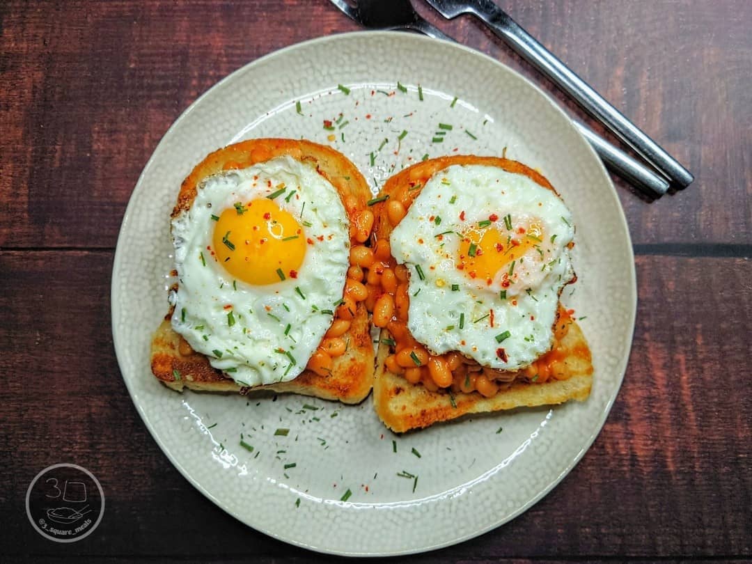 Eggs and Beans on Fried Tiger Bread