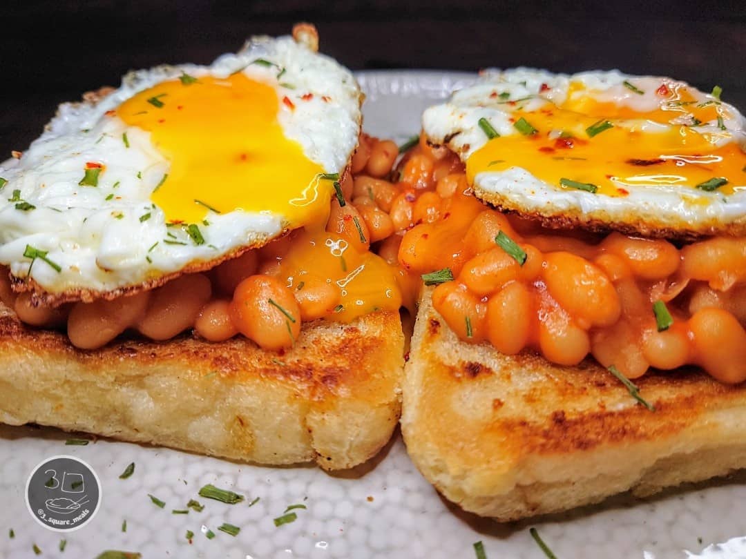 Eggs and Beans on Fried Tiger Bread