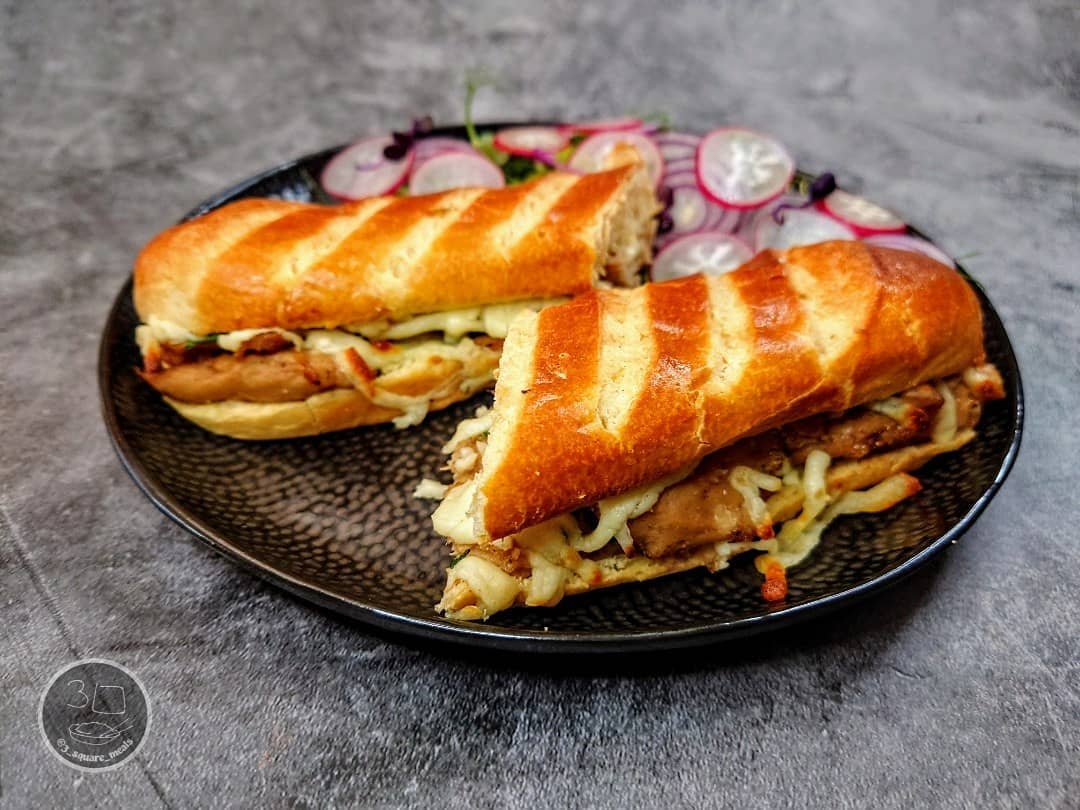 Chick'n and Mozzarella Melt on Brioche Baguette