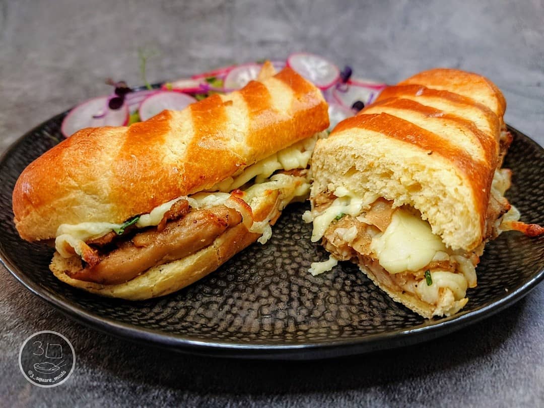 Chick'n and Mozzarella Melt on Brioche Baguette