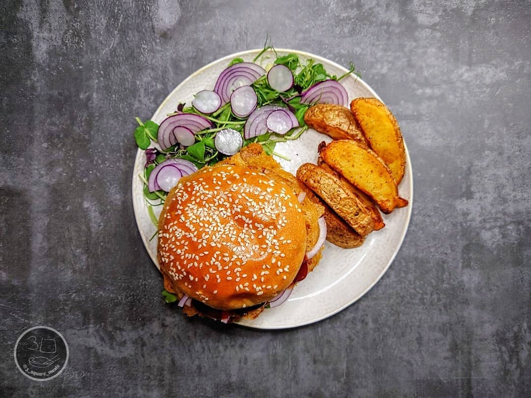 Crispy Chick'n Burger with Wedges and Salad