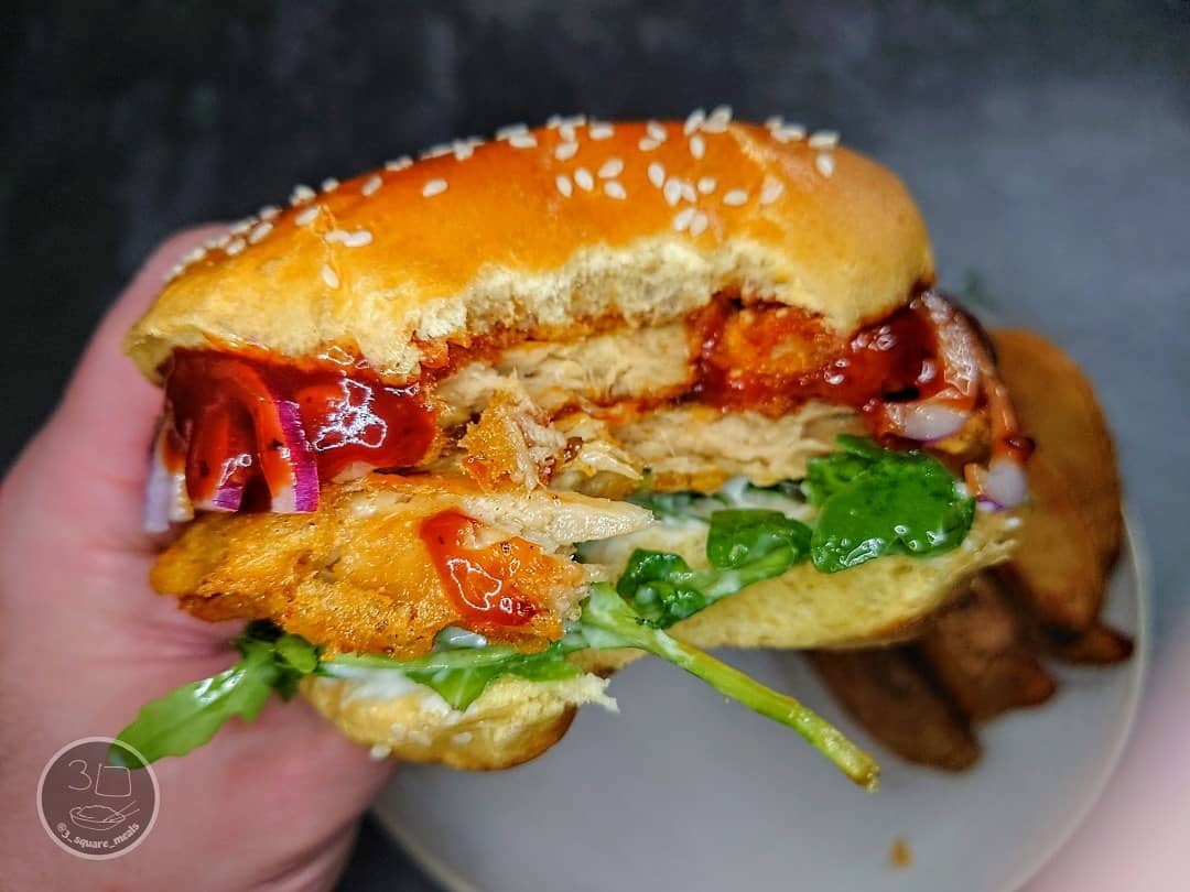Crispy Chick'n Burger with Wedges and Salad