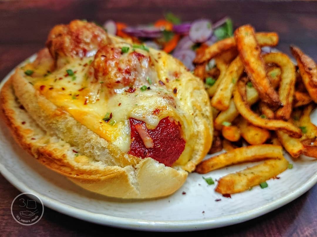 Vegetarian Meatball Marinara Sandwich with Fries