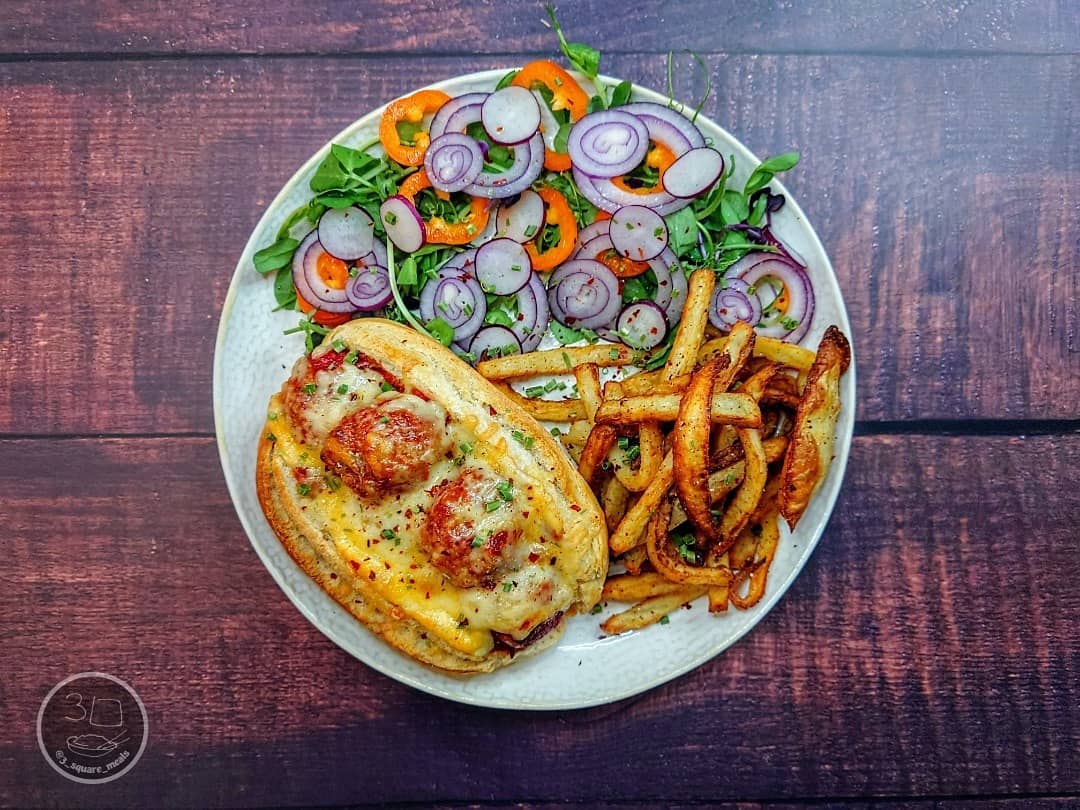 Vegetarian Meatball Marinara Sandwich with Fries
