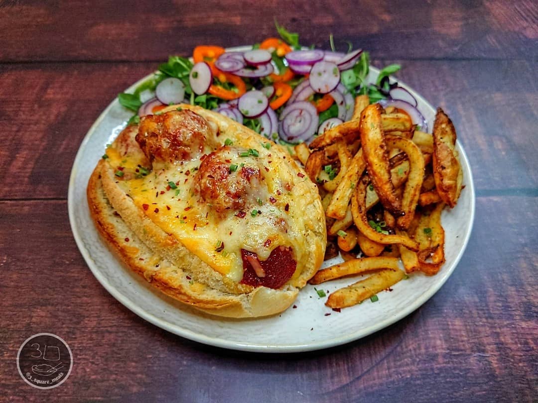 Vegetarian Meatball Marinara Sandwich with Fries